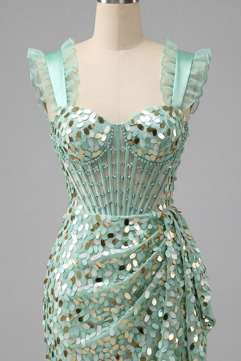 Load image into Gallery viewer, Sparkly Sequin Silver Corset Tight Short Cocktail Dress with Ruffles