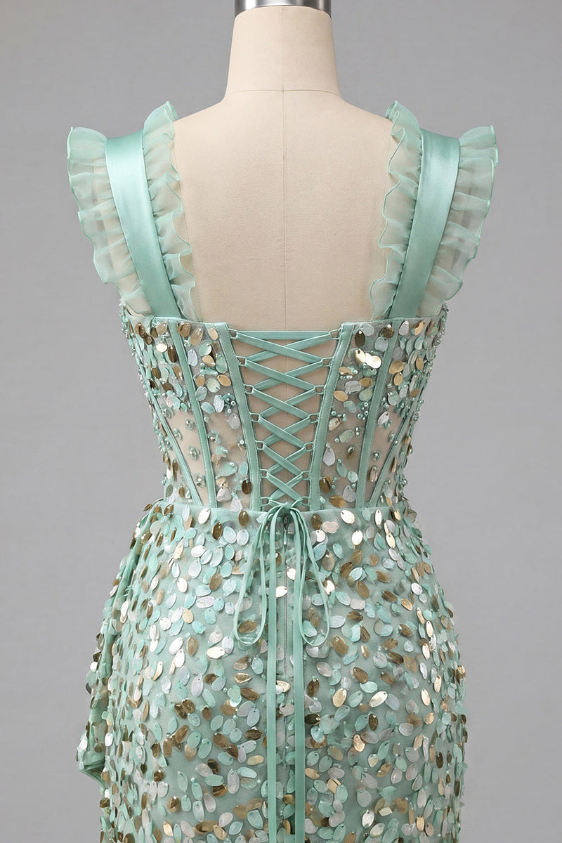 Load image into Gallery viewer, Sparkly Sequin Silver Corset Tight Short Cocktail Dress with Ruffles