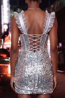 Load image into Gallery viewer, Sparkly Sequin Silver Corset Tight Short Cocktail Dress with Ruffles