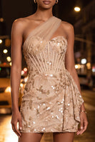 Load image into Gallery viewer, Sparkly Floral Champagne One Shoulder Sequin Corset Tight Short Cocktail Dress