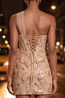 Load image into Gallery viewer, Sparkly Floral Champagne One Shoulder Sequin Corset Tight Short Cocktail Dress