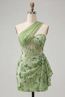Load image into Gallery viewer, Sparkly Floral Champagne One Shoulder Sequin Corset Tight Short Cocktail Dress