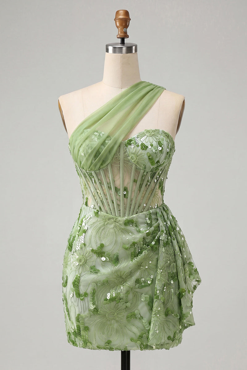Load image into Gallery viewer, Sparkly Floral Champagne One Shoulder Sequin Corset Tight Short Cocktail Dress
