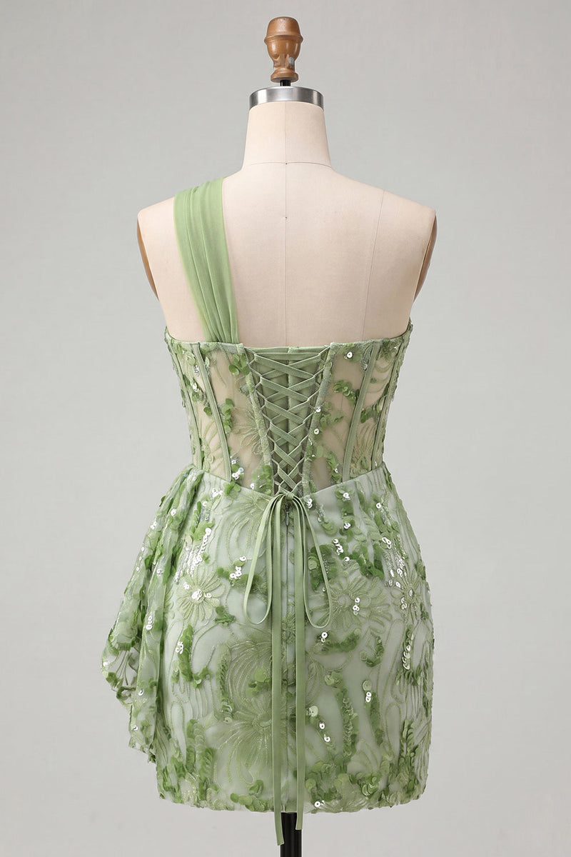 Load image into Gallery viewer, Sparkly Floral Champagne One Shoulder Sequin Corset Tight Short Cocktail Dress