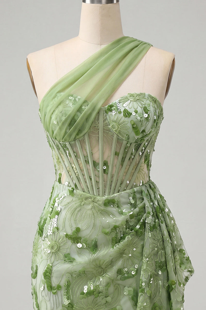 Load image into Gallery viewer, Sparkly Floral Champagne One Shoulder Sequin Corset Tight Short Cocktail Dress