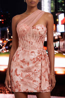 Load image into Gallery viewer, Sparkly Floral Champagne One Shoulder Sequin Corset Tight Short Cocktail Dress