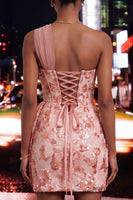 Load image into Gallery viewer, Sparkly Floral Champagne One Shoulder Sequin Corset Tight Short Cocktail Dress