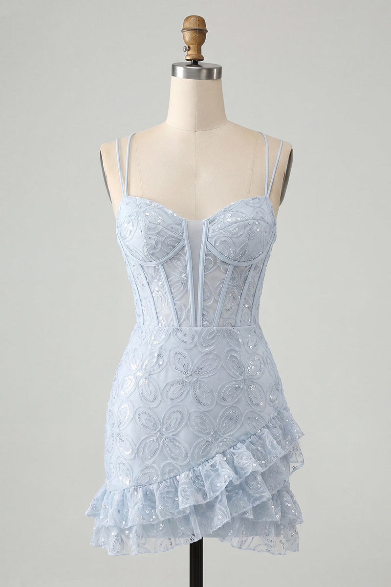 Load image into Gallery viewer, Floral Ivory Corset Sequin Tight Short Cocktail Dress with Ruffles
