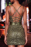 Load image into Gallery viewer, Sparkly Dark Green Sequin Spaghetti Straps Tight Short Cocktail Dress