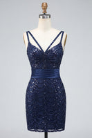 Load image into Gallery viewer, Sparkly Dark Green Sequin Spaghetti Straps Tight Short Cocktail Dress