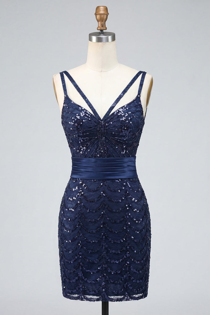 Load image into Gallery viewer, Sparkly Dark Green Sequin Spaghetti Straps Tight Short Cocktail Dress