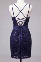 Load image into Gallery viewer, Sparkly Dark Green Sequin Spaghetti Straps Tight Short Cocktail Dress