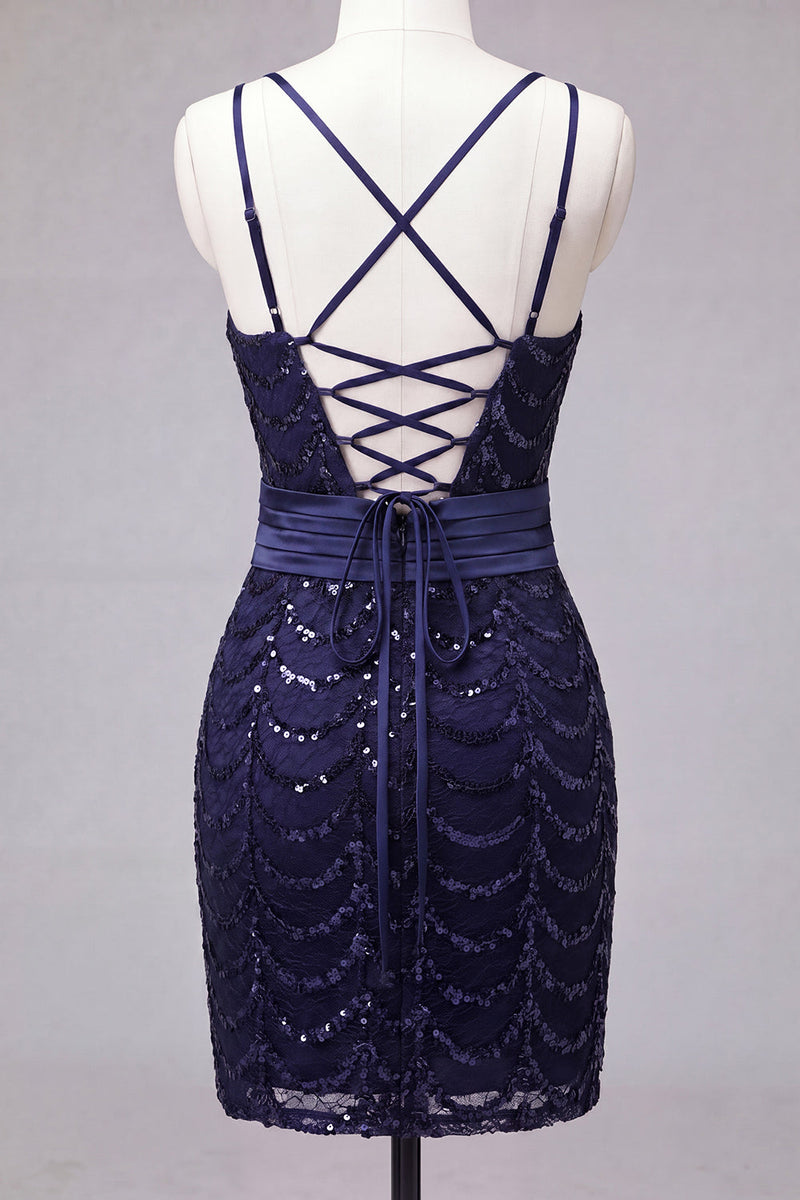 Load image into Gallery viewer, Sparkly Dark Green Sequin Spaghetti Straps Tight Short Cocktail Dress