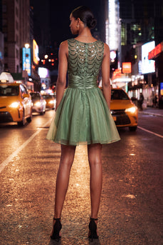 Sparkly Dark Green Sequin Ruched A-Line Short Cocktail Dress