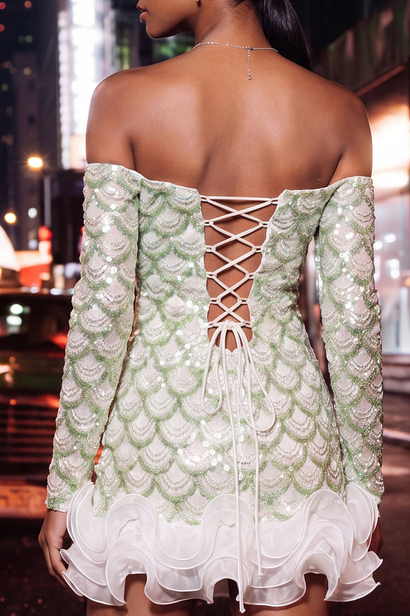 Load image into Gallery viewer, Sparkly Green Sequin Ruffled Tight Short Cocktail Dress with Sleeves