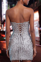 Load image into Gallery viewer, Silver Sparkly Sequin Corset Ruched Tight Short Cocktail Dress