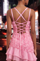 Load image into Gallery viewer, Hot Pink Ruffled Tight Short Cocktail Dress with 3D Flowers