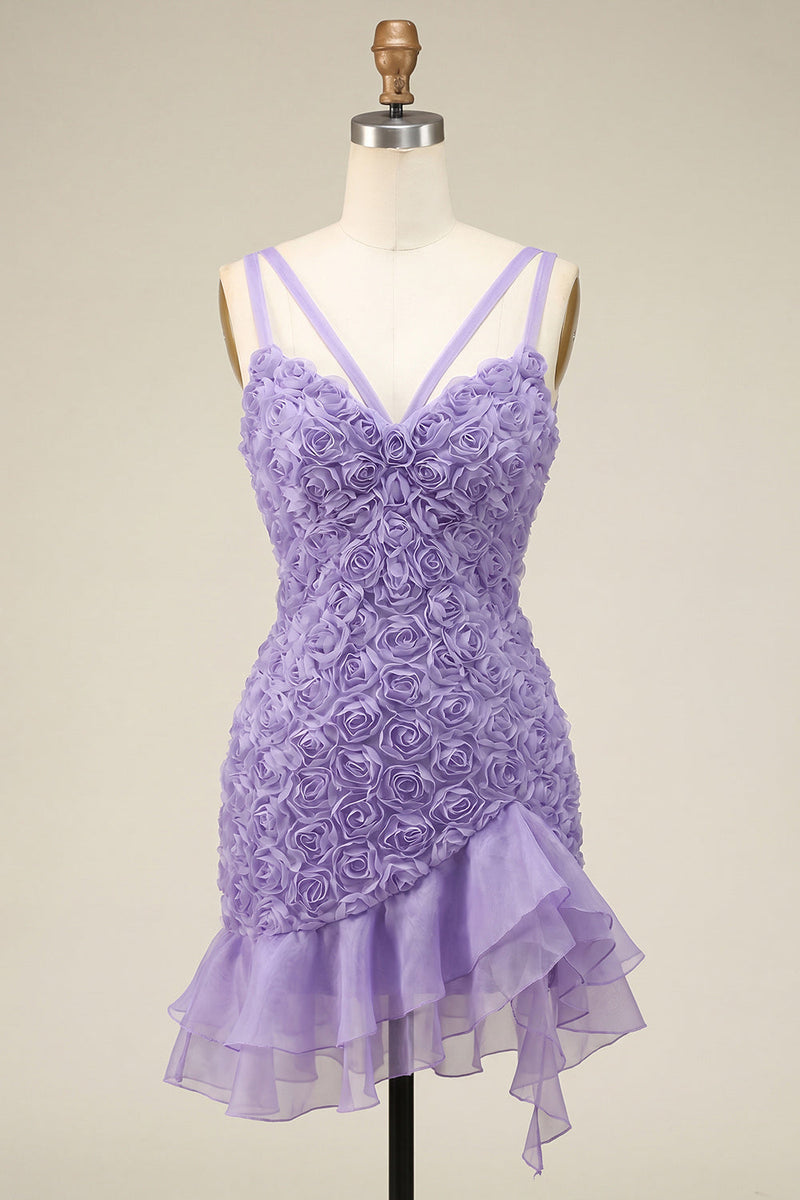 Load image into Gallery viewer, Hot Pink Ruffled Tight Short Cocktail Dress with 3D Flowers
