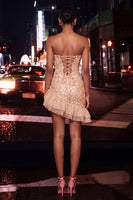 Load image into Gallery viewer, Sparkly Champagne Sequin Ruched Ruffled Tight Short Cocktail Dress