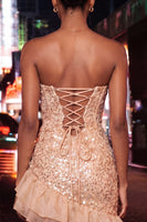 Load image into Gallery viewer, Sparkly Champagne Sequin Ruched Ruffled Tight Short Cocktail Dress