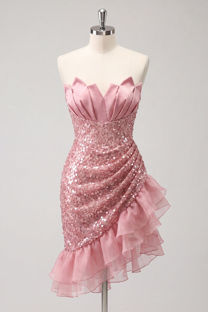 Load image into Gallery viewer, Sparkly Champagne Sequin Ruched Ruffled Tight Short Cocktail Dress