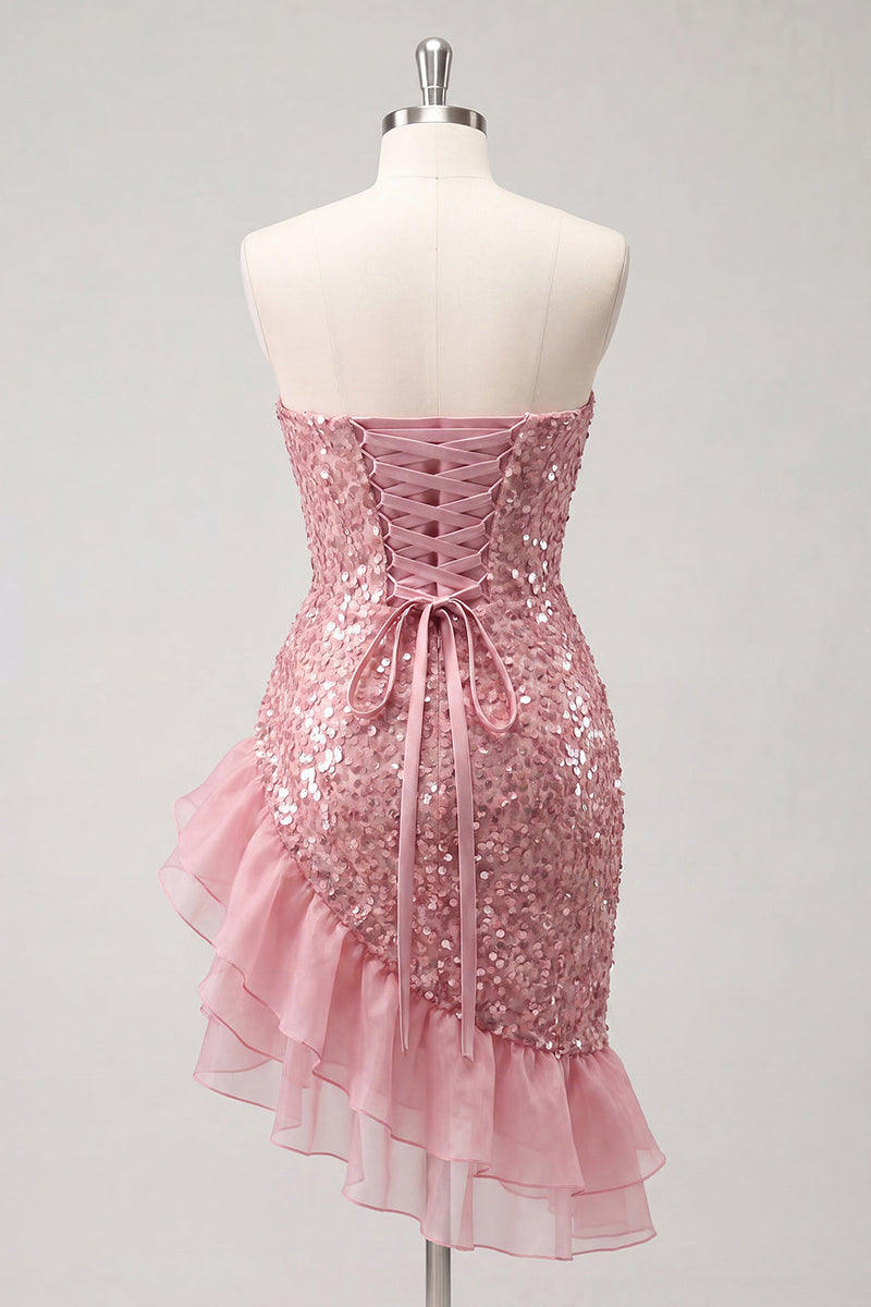 Load image into Gallery viewer, Sparkly Champagne Sequin Ruched Ruffled Tight Short Cocktail Dress