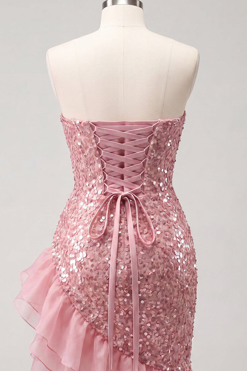 Load image into Gallery viewer, Sparkly Champagne Sequin Ruched Ruffled Tight Short Cocktail Dress