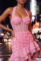 Load image into Gallery viewer, Floral Hot Pink Corset Ruffled Tight Short Cocktail Dress