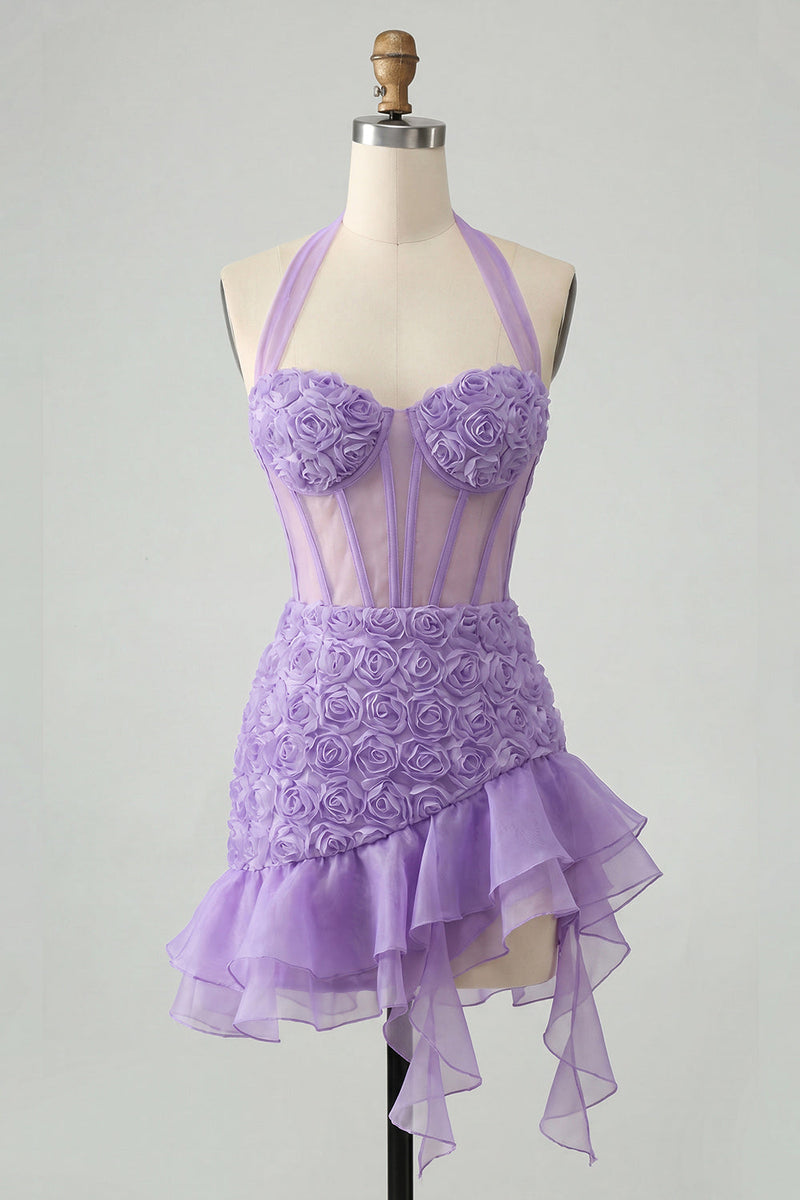 Load image into Gallery viewer, Floral Hot Pink Corset Ruffled Tight Short Cocktail Dress