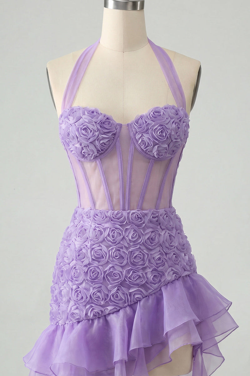 Load image into Gallery viewer, Floral Hot Pink Corset Ruffled Tight Short Cocktail Dress