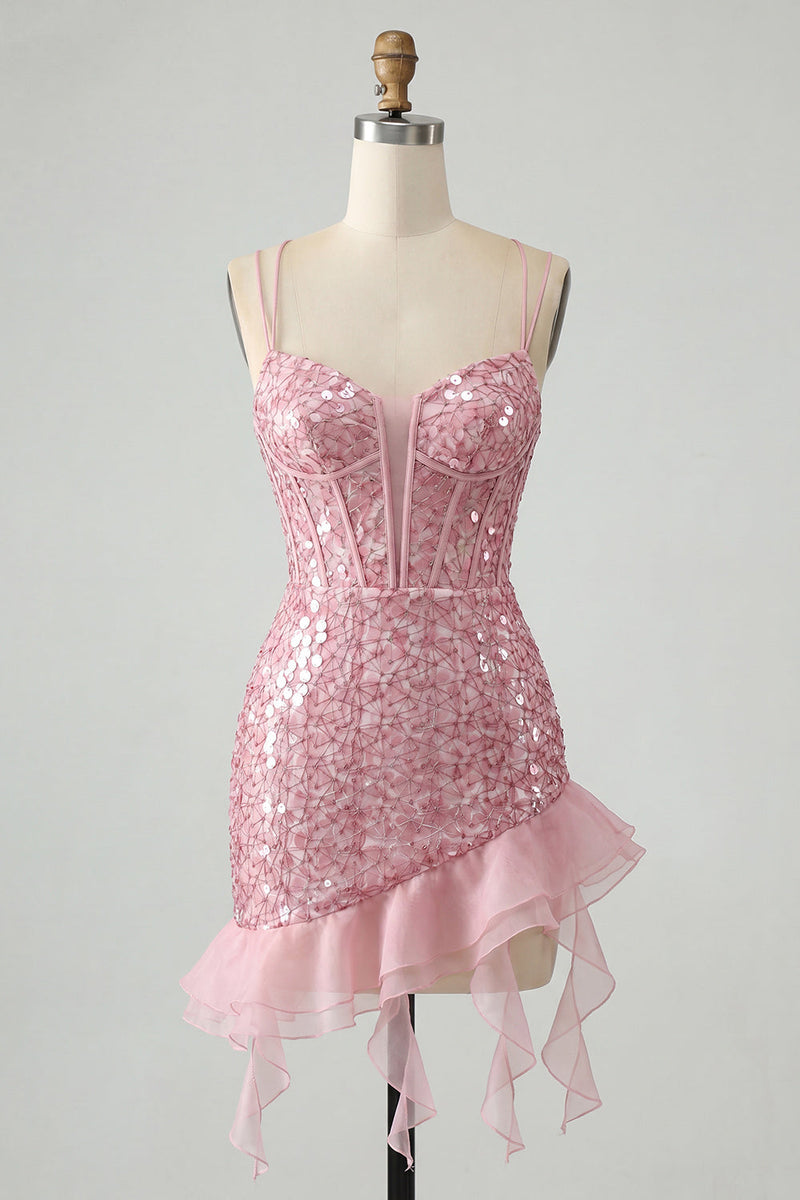 Load image into Gallery viewer, Sparkly Sequin Black Corset Tight Short Cocktail Dress with Ruffles