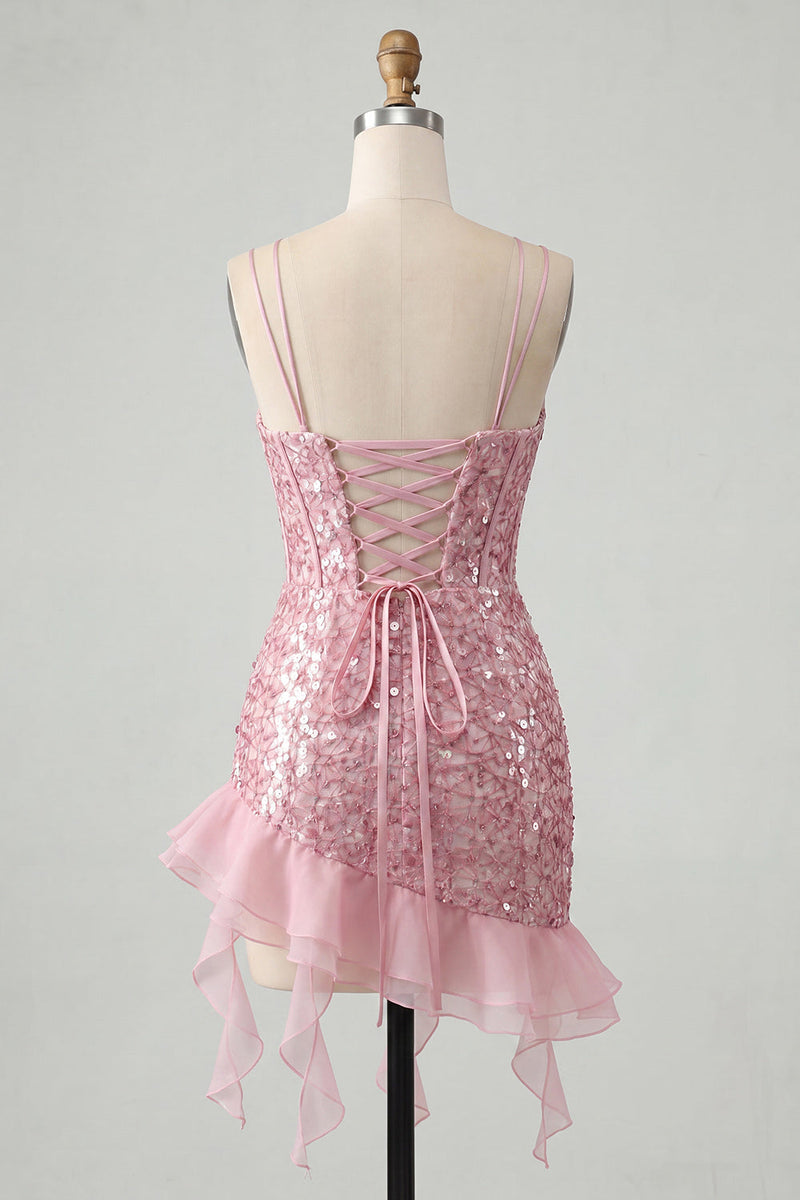 Load image into Gallery viewer, Sparkly Sequin Black Corset Tight Short Cocktail Dress with Ruffles