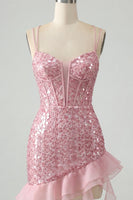 Load image into Gallery viewer, Sparkly Sequin Black Corset Tight Short Cocktail Dress with Ruffles