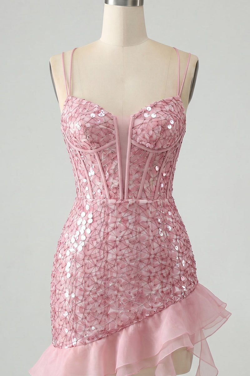 Load image into Gallery viewer, Sparkly Sequin Black Corset Tight Short Cocktail Dress with Ruffles