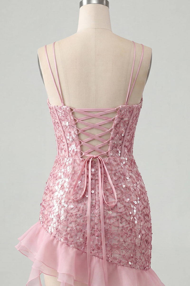 Load image into Gallery viewer, Sparkly Sequin Black Corset Tight Short Cocktail Dress with Ruffles