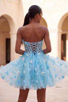 Glitter Light Blue Corset A-Line Short Cocktail Dress with 3D Butterflies