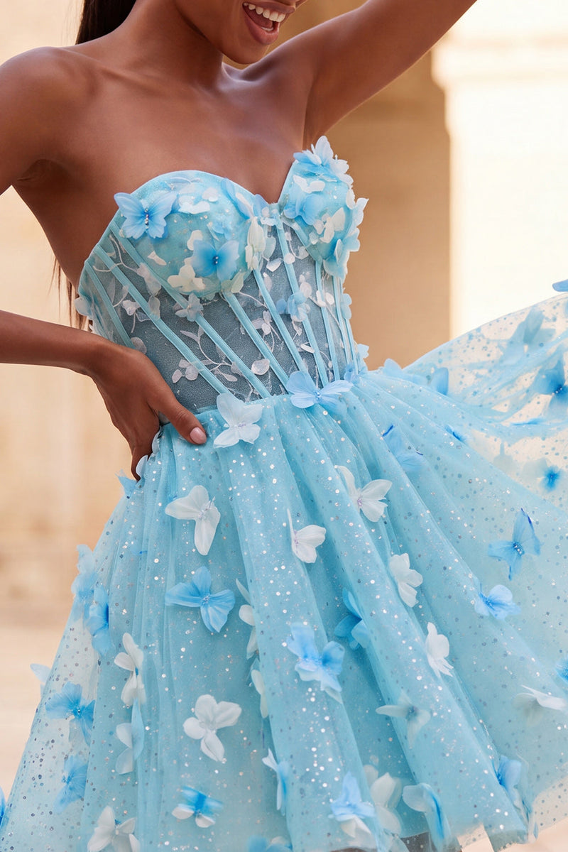Load image into Gallery viewer, Glitter Light Blue Corset A-Line Short Cocktail Dress with 3D Butterflies
