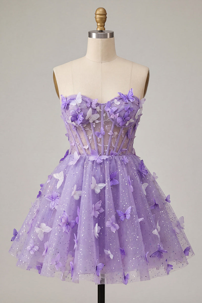 Load image into Gallery viewer, Glitter Light Blue Corset A-Line Short Cocktail Dress with 3D Butterflies