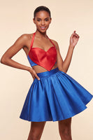 Load image into Gallery viewer, 2 Piece Red and Blue Halter Neck Short Cocktail Dress