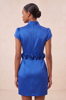 Blue High Neck Tight Short Cocktail Dress with Sleeves