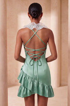 Mint Green Ruffled Tight Short Cocktail Dress with 3D Flowers