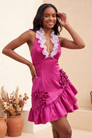 Load image into Gallery viewer, Fuchsia Ruffled Tight Short Cocktail Dress with 3D Flowers