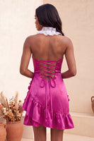 Load image into Gallery viewer, Fuchsia Ruffled Tight Short Cocktail Dress with 3D Flowers