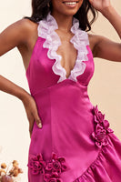 Load image into Gallery viewer, Fuchsia Ruffled Tight Short Cocktail Dress with 3D Flowers