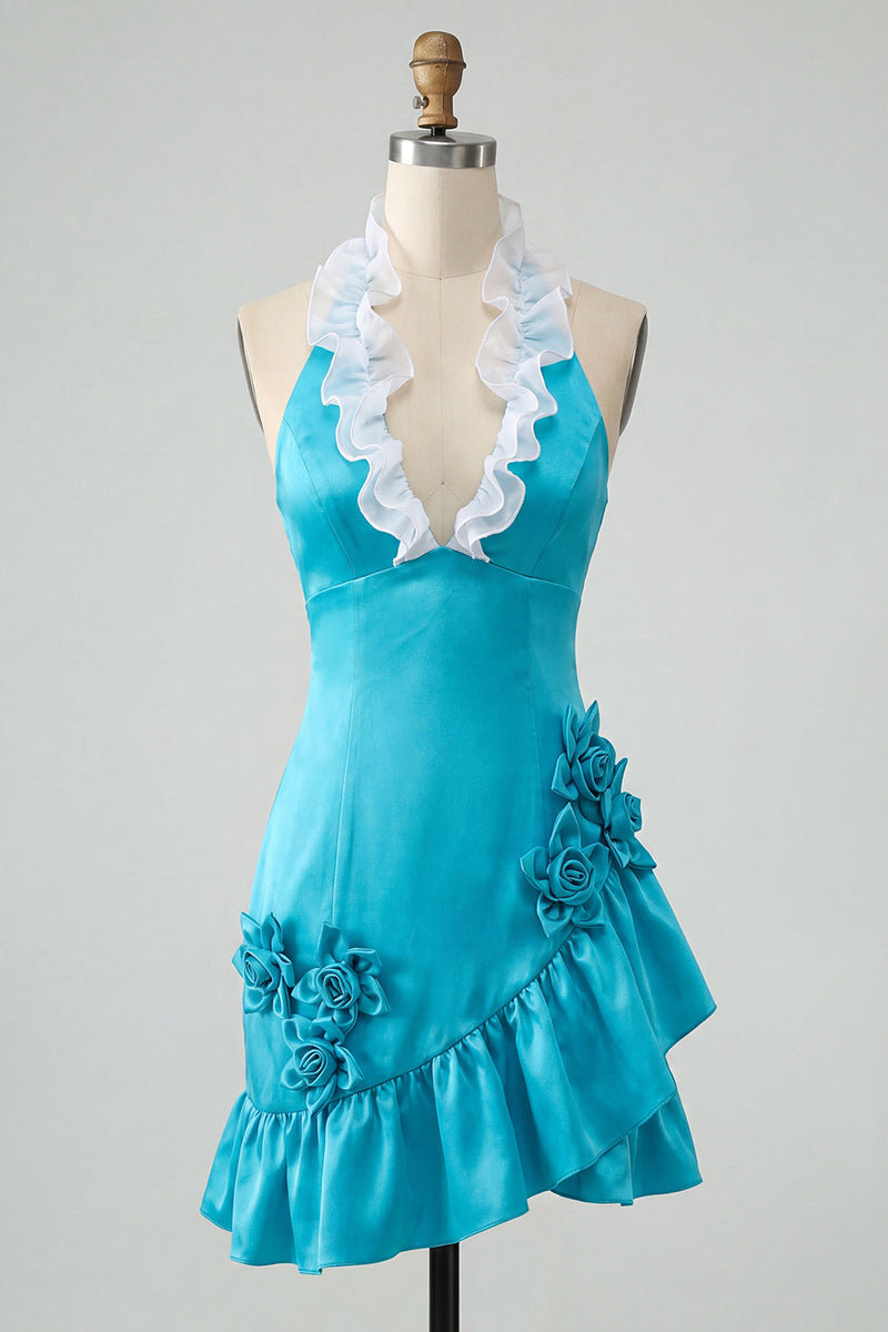 Load image into Gallery viewer, Fuchsia Ruffled Tight Short Cocktail Dress with 3D Flowers