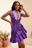 Load image into Gallery viewer, Fuchsia Ruffled Tight Short Cocktail Dress with 3D Flowers