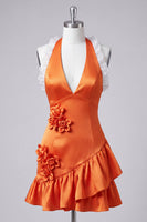 Load image into Gallery viewer, Floral Purple Halter Neck Tight Short Homecoming Dress with Ruffles