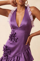 Load image into Gallery viewer, Floral Purple Halter Neck Tight Short Homecoming Dress with Ruffles