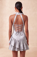 Load image into Gallery viewer, Floral Purple Halter Neck Tight Short Homecoming Dress with Ruffles