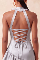 Load image into Gallery viewer, Floral Purple Halter Neck Tight Short Homecoming Dress with Ruffles